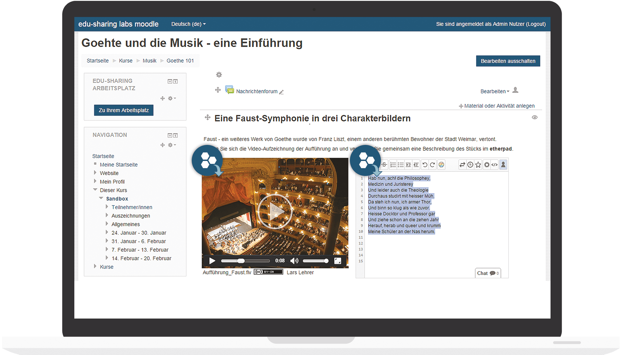 Screenshot: Verschiedene Inhalte aus edu-sharing im moodle-Kurs einbinden